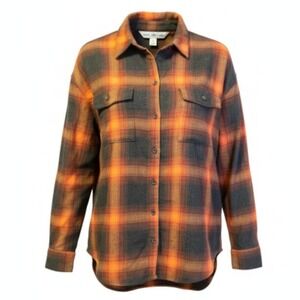 OLD NAVY Mens XL The Boyfriend Shirt Orange Gray Plaid Flannel Long Sleeve